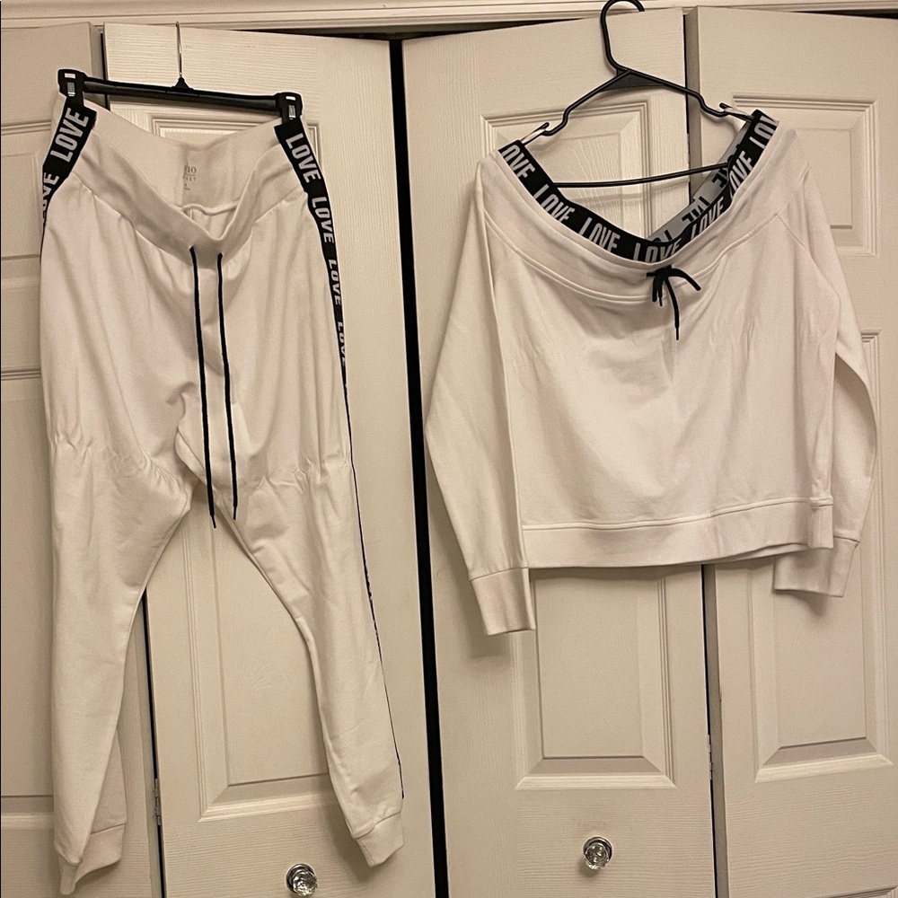 Love White Jogger Pants and Top Set! Top is off the shoulder Xl and pants are L!
